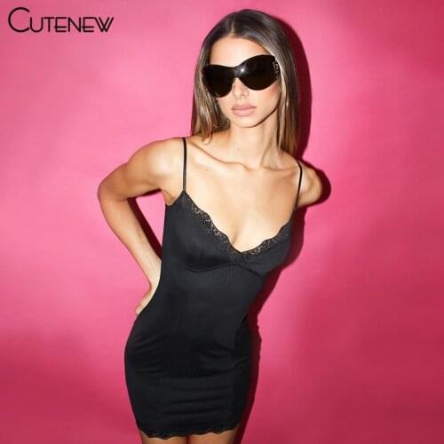 Cutenew Fashion Sexy Black Lace Up V-Neck Slim Camisole Mini Dress Women 2021 Summer Casual Party Vacation Rib Knit Lady Dresses
