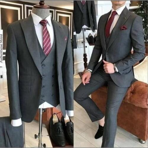 2020 Formal Dark Grey Men Suits Slim Fit Tuxedos 3 Pieces Costume Homme Wedding Blazer For Men Vestidos De Fiesta Groom Prom Set