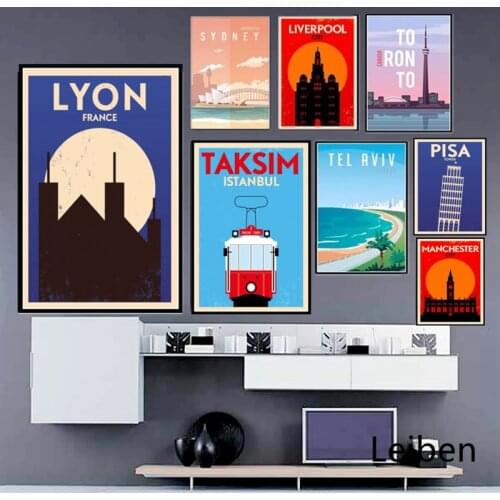 City Landscape Travel Poster Lyon London New York Canvas Painting Modern Cartoon Tourism Wall Art Pictures Living Room for Decor