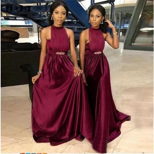 Hot-Selling Burgundy African Bridesmaid Dresses 2020 Halter Backless A-Line Sashes Pleat Floor Length Wedding Party Dress