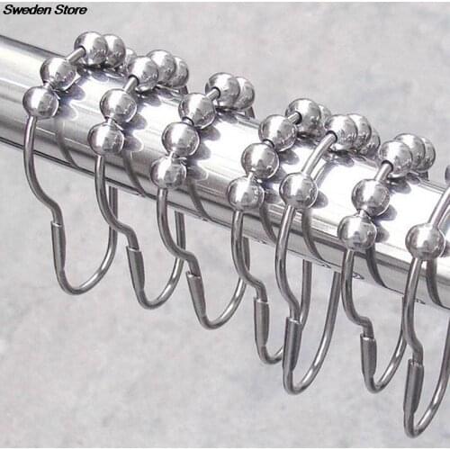 Hot 12pcs/pack Polished Satin Nickel 5 Roller Ball Shower Curtain Rings Hooks Antirust Hanging Ring