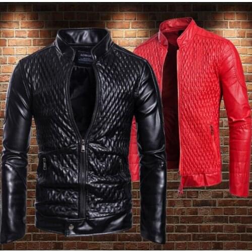 Loose motorcycle leather jacket men Rhombus pattern line Jacquard stereo clothes mens leather jackets casual coats stand collar