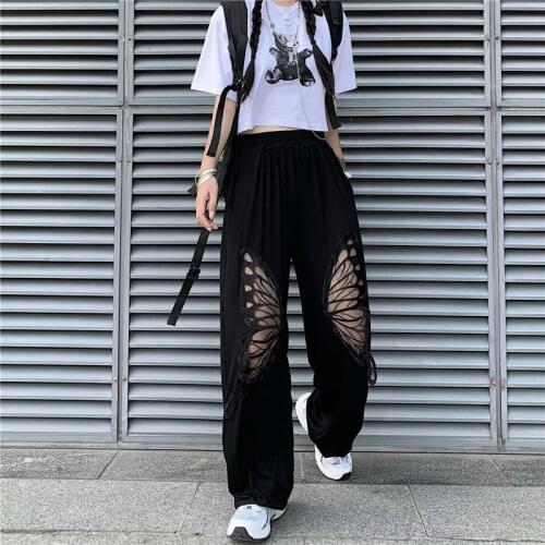 Summer Korean Ins Retro Street Mesh Hollow Butterfly Casual Pants Loose Straight Wide-leg Pants Sports Pants Women Plus Size