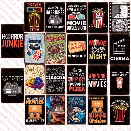 Cinema Metal Sign Popcorn Retro Tin Sign Cinema Film Family Bar Door Wall Decor Shabby Chic Iron Plates Printing Metal Signs