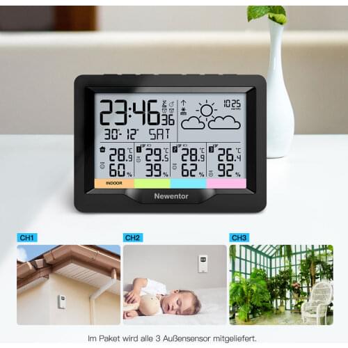 Newentor Weather Station Digital Temperature HumidityThermometer Wireless Hygrometer With 3 Sensor Indoor Outdoor Monitor 7.5"
