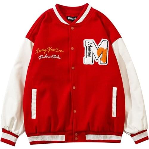High Street Harajuku Baseball Varsity Jacket Men Patchwork Big M Letter Embroidery Jackets Stand Collar Casual Streetwear Couple