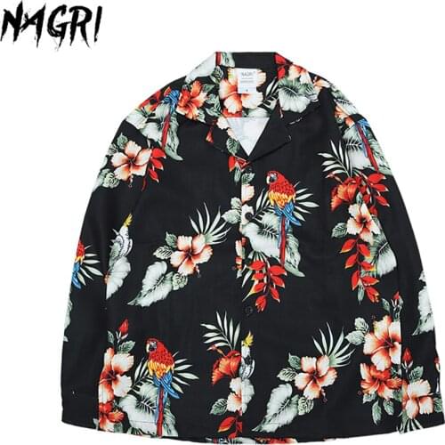 NAGRI Men Long Sleeve Shirt Streetwear Harajuku Blouse Male Hawaiian Beach Shirts Summer Casual Holiday Loose Tee Tops