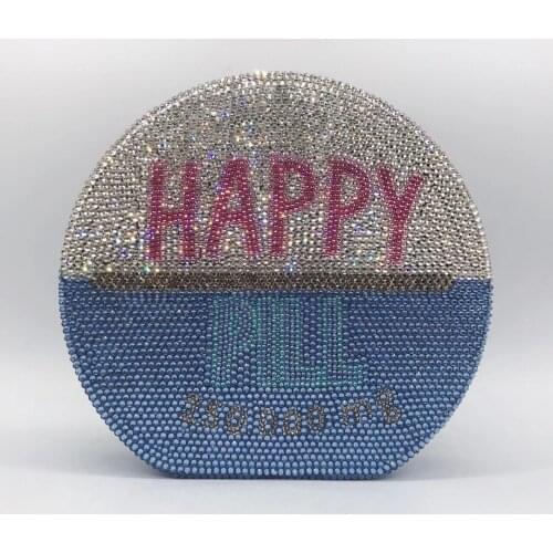 New HAPYY Letter White/Blue Full Diamond Circle Shape Women Clutch Hight Quality Lady SmallCrystal Phone Clutches Wedding Purses