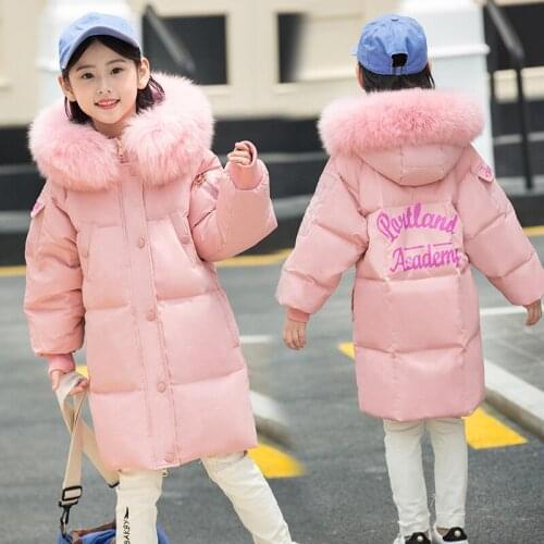Girls 6-14Years Big Fur Hooded Letters Print White Duck Fur Cold Winter Down Coats Pink Big Fur Outdoor Jacket Coats