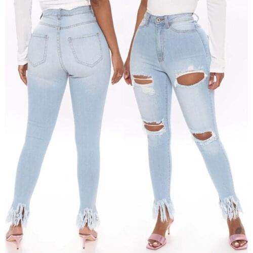 Ripped Jeans for Women Summer Sexy Hole Tassel High Waisted Jeans Skinny Women Stretch Push Up Denim Pencil Pants