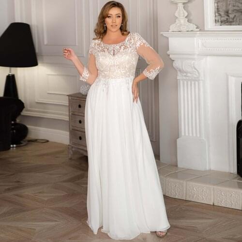 Chiffon Wedding Dress Plus Size Floor Length 3/4 Long Sleeve Lace Applique Beach Bridal Gowns Vestido de Novia Modest No Train