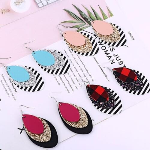 Three Layers Faux Leather Glitter Stripe Print Teardrop Earrings Flag Leather Earrings Lightweight Leaf Drop Earrings Fashion