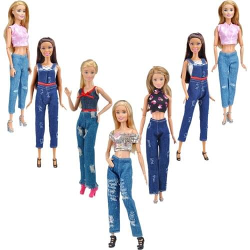11.5" Cosplay Crop Top & Ripped Denim Pants Jeans Jumpsuit Trousers 1/6 BJD Doll Clothes For Barbie Accessories Outfit Kids Toys