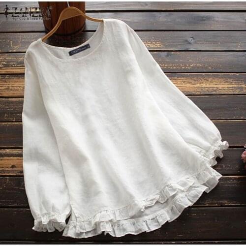 ZANZEA Women Blouse Spring O Neck Long Sleeve Cotton Tops Vintage Casual Ruffles Shirt Solid Color Blusas Loose Tunic Chemise