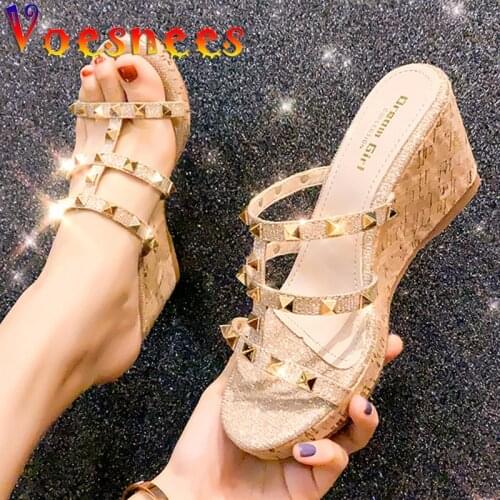 Summer New Rivet Women Shoes Comfortable Wedges Slippers Bling Rivet Platform Nightclub 8cm Heels Sandals Sweet Fairy High Heels