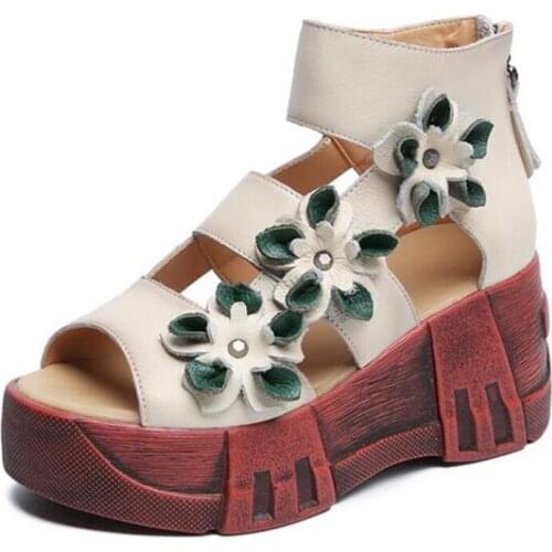 2021 Summer Classic Flowers 100% Genuine Leather Sandals Platform Wedges Heighten Shoes Comfortable Women Shoes Fashion Sandals