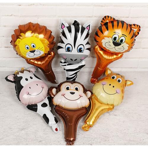 50pcs/lot Handheld Animal Foil Balloons Tiger Lion Head Jungle Party Balloons Baby Birthday Party Decorations Safari Zoo Globos