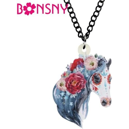 Bonsny Acrylic Halloween Flower Unicorn Horse Necklace Choker Pendant Cartoon Animal Jewelry For Women Kid Charm Gift Decoration