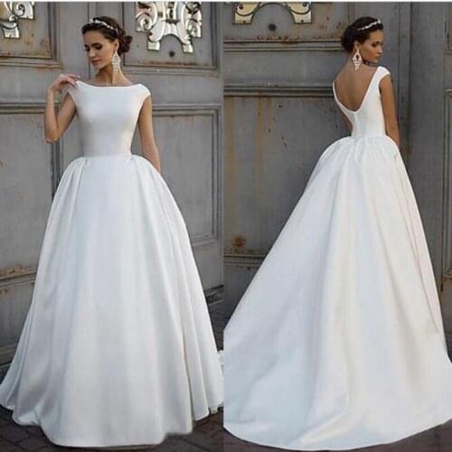 2021 White Simple Boat Neck Wedding Dress Ball Gowns Satin Open Back Bridal Dress Custom Made Dress