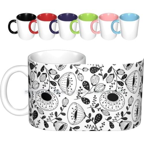 Black On White Floral Design Ceramic Mugs Coffee Cups Milk Tea Mug Black And White Black White Line Drawing Ink Pattern Design