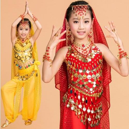 Children Belly Dance Costume Kids Indian Dance Dress Child Bollywood Dance Costumes for Girls red/rose/yellow 3 colors