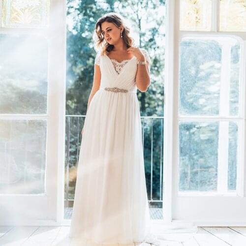 Elegant Plus Size Wedding Dress Chiffon Ruched Lace Short Sleeve Beaded Belt Custom Made Bridal Dresses