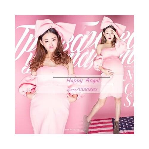 Maternity Pregnant Women Photography Props Romantic Pink Cute bow-knot Dress Photo Shoot Fancy Costume Free Size Baby Shower