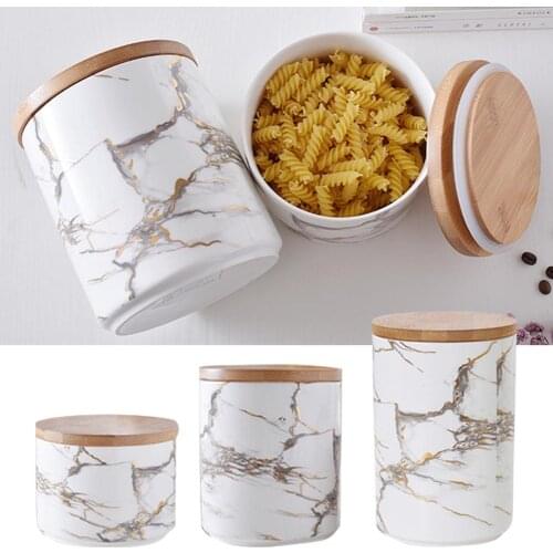 Marble Pattern Ceramic Sealed Storage Jars With Wooden Lid Salt Sugar Coffee Tea Kitchen Food Storage Tank Container