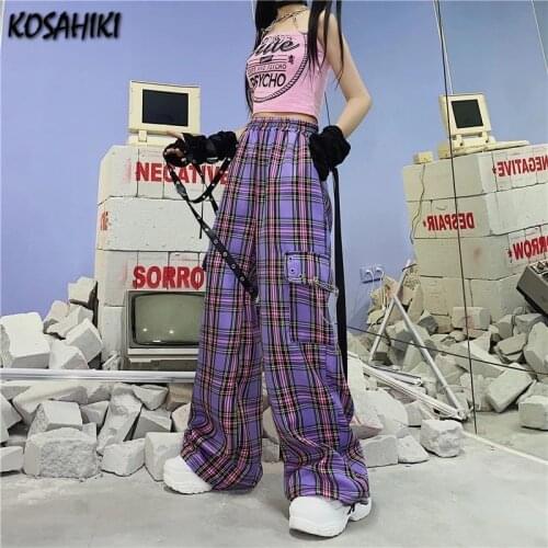 KOSAHIKI Wide Leg Pants Purple Trousers Plaid Baggy Pants Women Jogger Trouser Hip Hop Contrast Checkerboard Harajuku Loose Pant