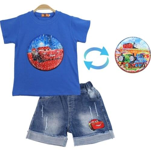 Summer Boys Suit McQueen Jeans + T-shirt Velcro Sequins Change Graphic Cotton Childrens Casual Fashion Two Pieces 3-8 Years Old
