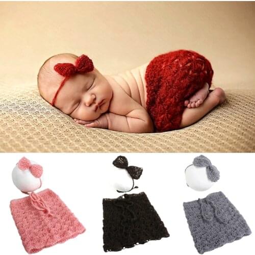 Newborn Baby Photography Props Mohair Knitted Infant bebe Costumes Outfits Bowknot Headband Pants Crochet Photo Accessories