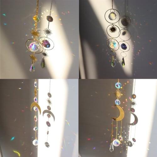 Moon Ring Rainbow Crystal Suncatcher Hanging Prism Ornament Pendant Home Car Decor Crystal Wind Chime Pendant Garden Decoration