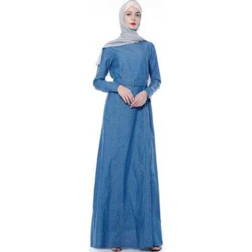 Ramadan Eid Muslim Dress Wholesale Dubai fashion Denim Fabric muslim abaya Maxi Dress female full length islamic robes Wy210