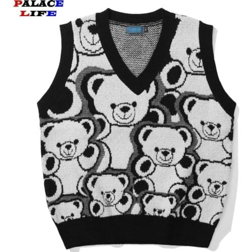 Men Pullovers Sweaters Sleeveless Vest Vintage Full Print Bear Streetwear Oversized Harajuku V-Neck Knitwear Men Clothing 2021