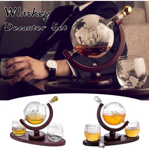 Whiskey Decanter Globe Set with 2 Etched Globe Whisky Glasses & Oval Solid Wood Tray Excellent Gift for Man