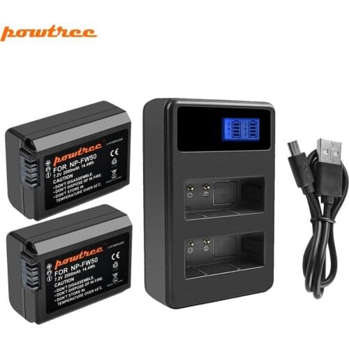 Powtree For Sony 2PCS 2000mAh 7.2V NP FW50 NP-FW50 NPFW50 Camera battery Akku + LCD Dual Charger For Alpha a6500 6300 6000 3000
