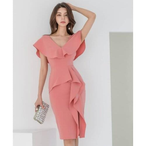 Sheer Summer Dresses for Women Sleeveless Split Bodycon Korean Pink Dress Ladies Ruffle Women Dresses Plus Size Dropshipping