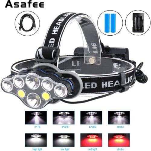 Dropshipping 8 LED Head lamp 2T6+4XPE+2COB Fishing Lamp 2000lm 8 modes Frontal LED 18650 Rechargeable Fishing Headlight