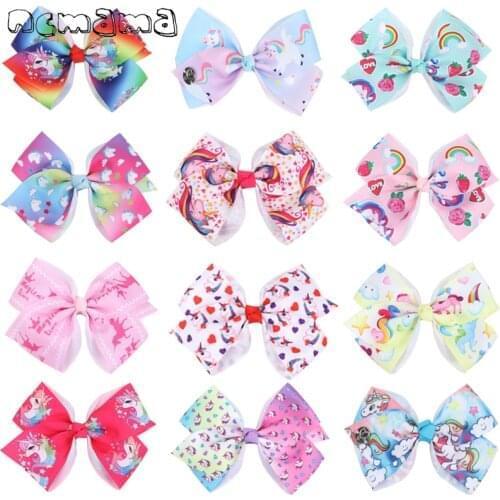 Ncmama 5Pcs/lot Rainbow Cartoon Hair Bow Handmade Hair Clips for Girls Kids Heart Hair Bows Hairpins Hairgrips Hair Accessories
