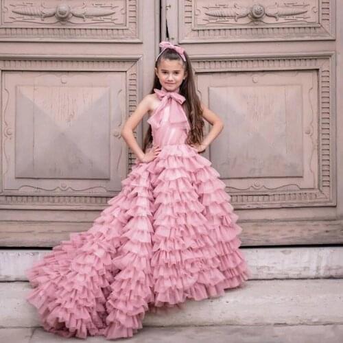 Girls Pink Ruffles Tiered Tulle Flower Girl Dress For Special Occasion Sweep Train Custom Made Kids Pageant Gowns Vestidos