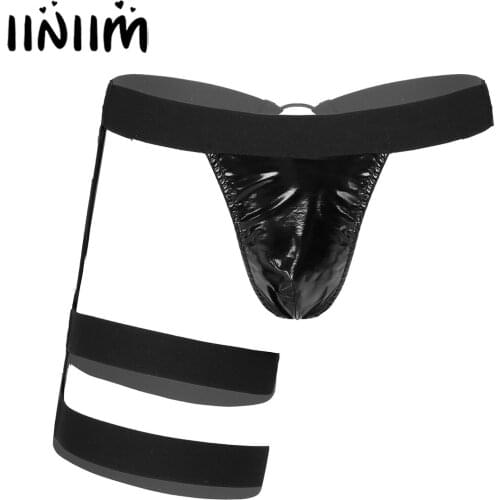 Sexy Mens Underwear with Leg Garters Elastic Band Briefs O-Ring Leather Jockstraps G-String Thong Sissy Lingerie Underpants