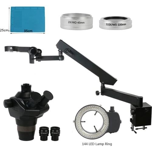 Articulating Arm Pillar Clamp Stand 8X-50X 4X-100X Zoom Simul Focal Trinocular Stereo Microscope For PCB Soldering Repair