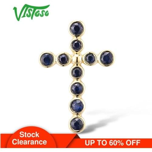 VISTOSO Gold Pendants For Women Authentic 14K 585 Yellow Gold Cross Pendant Magic Blue Sapphire Elegant Fine Jewelry