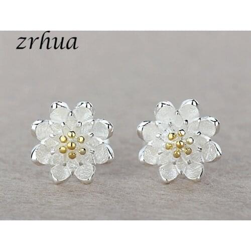ZRHUA Original 925 Sterling Silver High Quality Earrings Jewelry Women Accessories Cubic Zircon Flower Stud Earrings 2 Colors