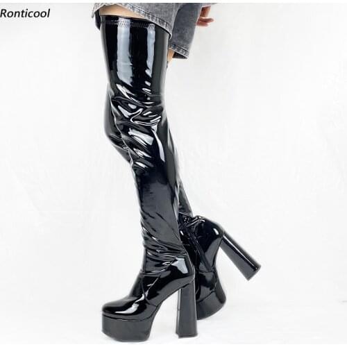 Ronticool Handmade Women Winter Crotch Boots Shiny Side Zipper Block Heel Round Toe Black White Party Shoes Women Us Size 5-13