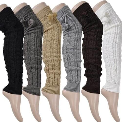 Women Girls Winter Braided Cable Knit Thigh High Long Leg Warmers Solid Color Crochet Thermal Boots Cuff Socks with Pompom Ball
