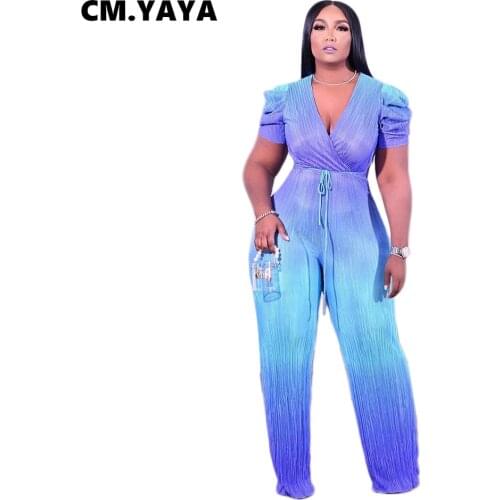 CM.YAYA Women Jumpsuit Gradient Color Short Sleeve V-neck Bandage Sashes Wide Leg Jumpsuits Fashion One Piece Overalls Summer