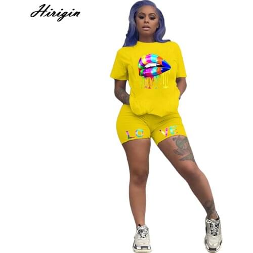 Women Printed Summer Suit Cropped Top High-Waist Pants Short Sleeve Round Neck Elastic Lip Women Sports Casual Wear