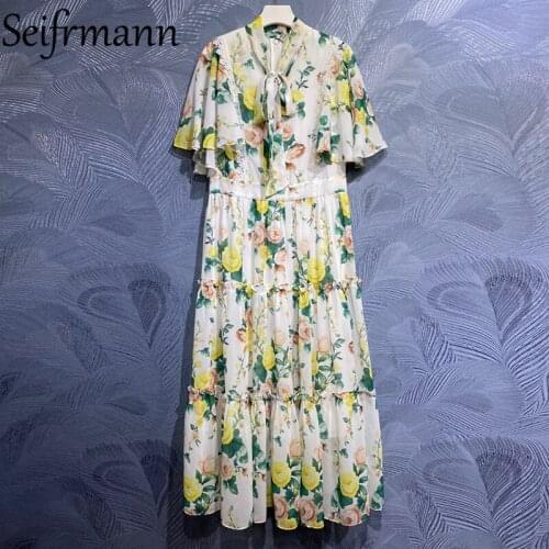 Seifrmann New 2021 Summer Women Fashion Runway Party A-Line Dress Ruffles Bow Lace High Waist Ruffles Printed Slim Long Dresses