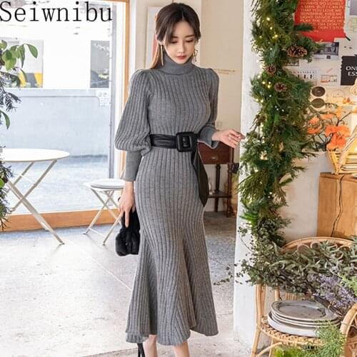2020 New Autumn Winter Sweater Dress Women Sexy Korean Mermaid Dress Female Turtleneck Lantern Sleeve Knitted Dress Vestidos